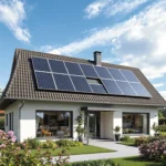 Angebot einholen privat: Ein modernes Einfamilienhaus mit einer Photovoltaikanlage auf dem Dach und einem blühenden Garten.