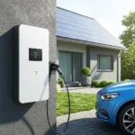 Eine moderne, weiße Wallbox lädt ein blaues Elektroauto vor einem Haus mit Solaranlage auf.