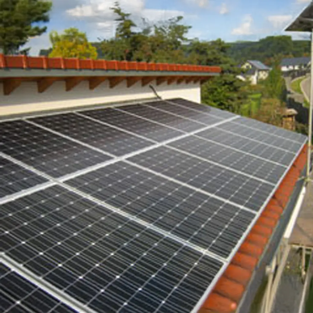 Photovoltaik Mosbach: Dunkle Solarmodule auf rotem Ziegeldach, Blick in die Wohnsiedlung.