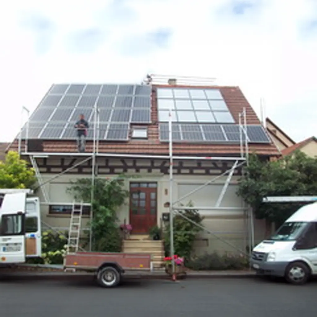 Photovoltaik Möckmühl Installation: Solarmodule auf Fachwerkhausdach mit Gerüst und Arbeiter.