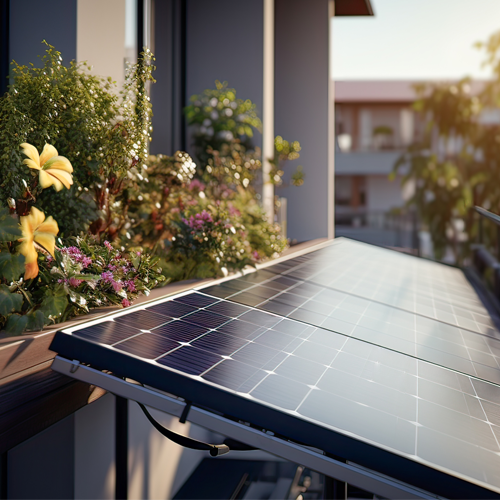 PV-Balkonkraftwerk auf einer Terrasse mit Blumen, zur solaren Stromerzeugung.