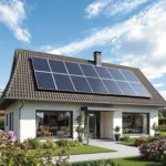 Angebot einholen privat: Ein modernes Einfamilienhaus mit einer Photovoltaikanlage auf dem Dach und einem blühenden Garten. Widmann Energietechnik hat hervorragende Referenzen.