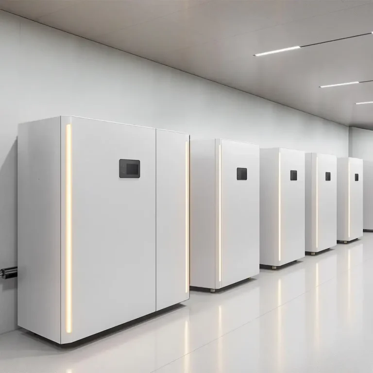 Moderne, weiße Batteriespeicher-Reihe. Autarke Versorgungssysteme mit integrierter LED-Beleuchtung.