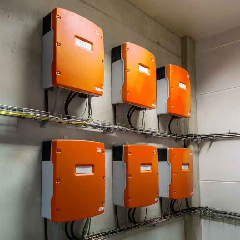 Sechs orange Hochleistungs-Wechselrichter in zwei Reihen im Technikraum. Effiziente Stromumwandlung.